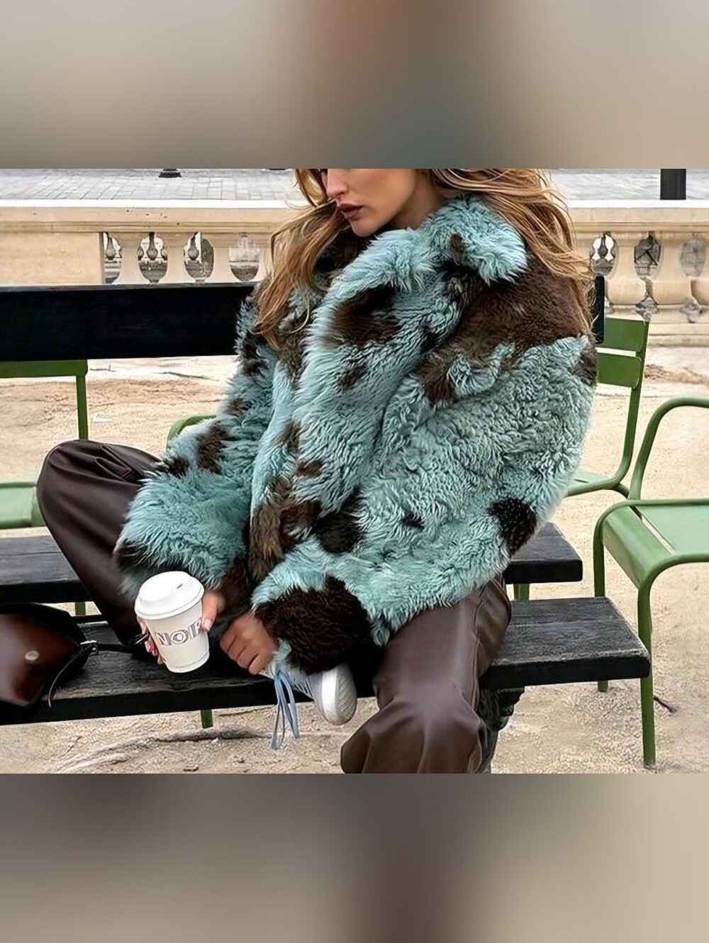 Stylish And Fashionable Color-Blocked Printed Long-Sleeve Short Fur Coat For Wom
